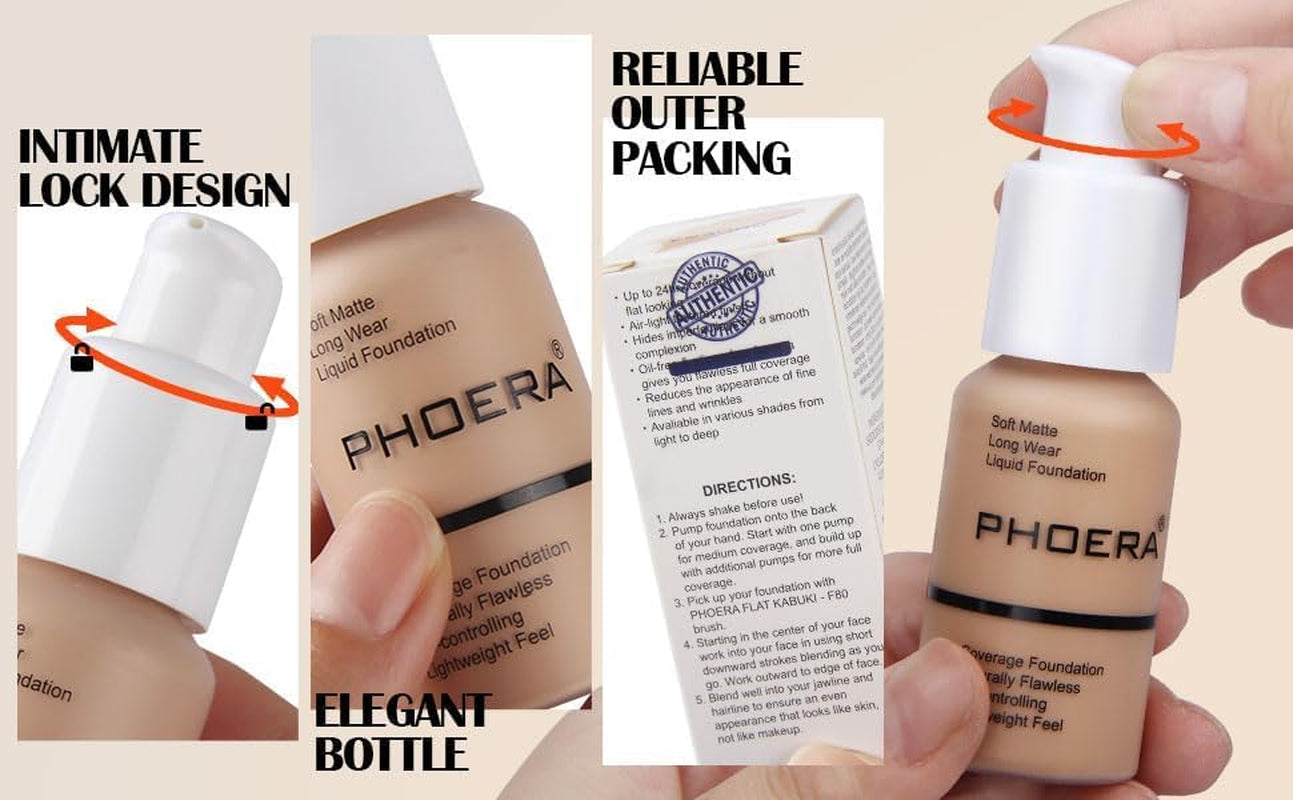 PHOERA Foundation - Flawless Soft Matte Liquid Foundation with 24 HR Oil Control and Concealer, Full Coverage Makeup for a Smooth, Long-Lasting Look, Waterproof 30Ml (102 Nude)