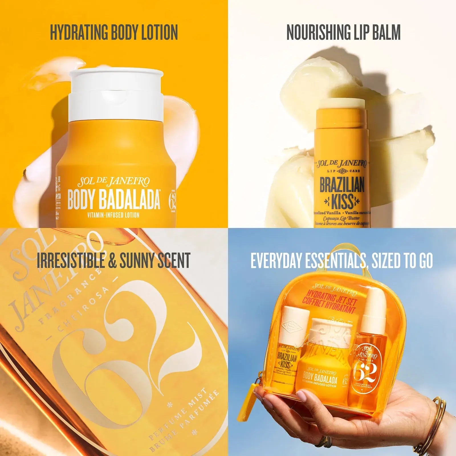 Sol De Janeiro Hydrating Jet Set | a Travel Friendly Body Care Trio with Lotion, Lip Butter and Cheirosa 62™ Mist to Hydrate, Nourish and Scent Skin Wherever You Go.