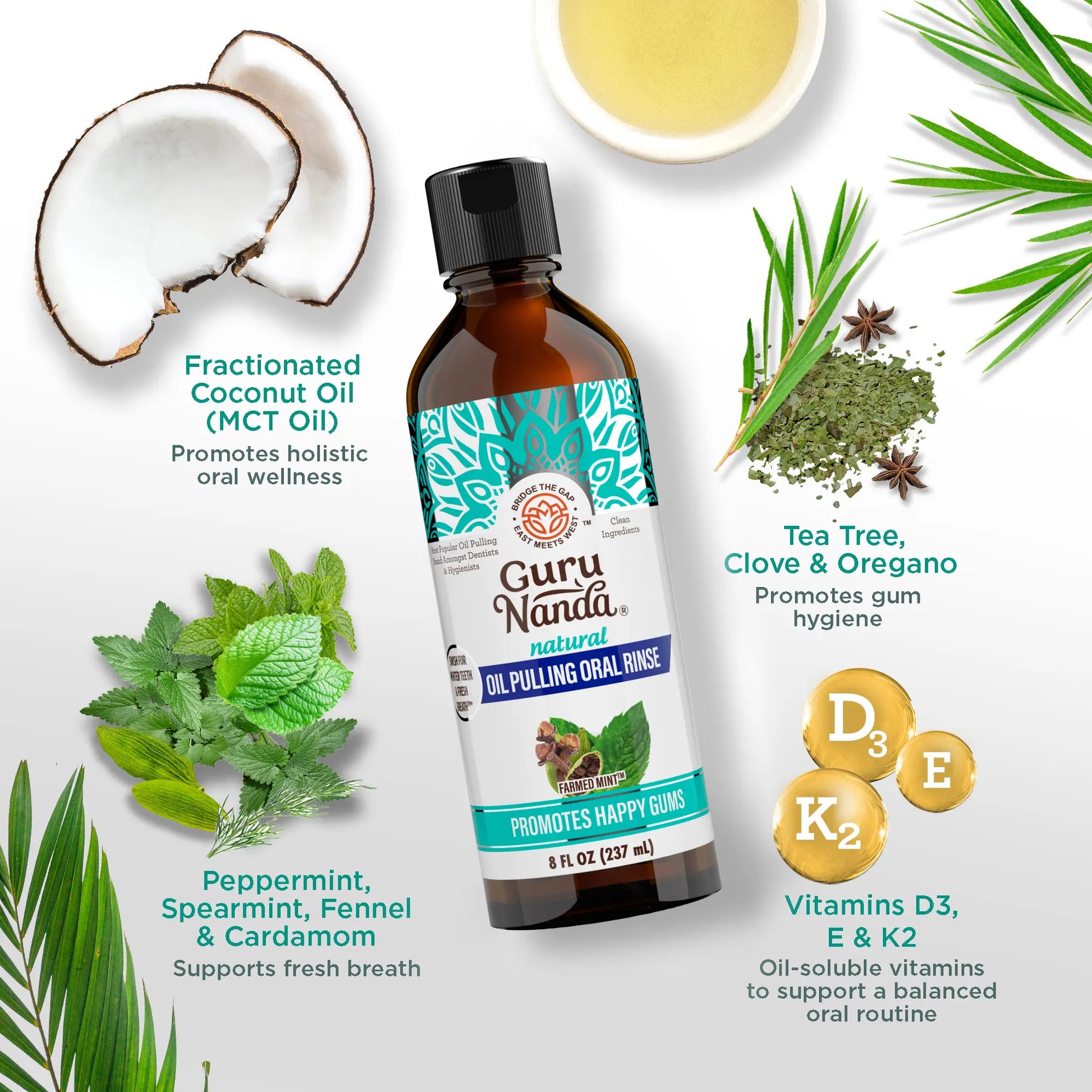 Gurunanda Cocomint Oil Pulling Mouthwash with 7 Essential Oils & 3 Vitamins, Promotes Fresh Breath & Happy Gums, Alcohol-Free, 8 Fl Oz
