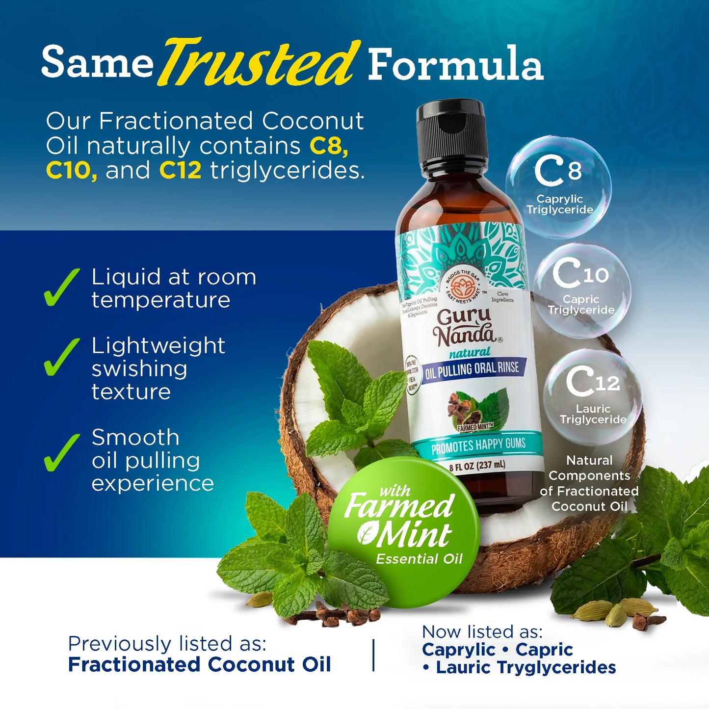 Gurunanda Cocomint Oil Pulling Mouthwash with 7 Essential Oils & 3 Vitamins, Promotes Fresh Breath & Happy Gums, Alcohol-Free, 8 Fl Oz