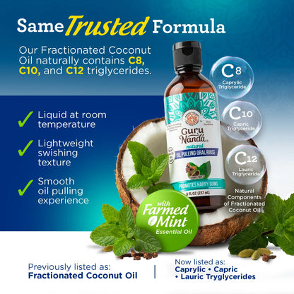 Gurunanda Cocomint Oil Pulling Mouthwash with 7 Essential Oils & 3 Vitamins, Promotes Fresh Breath & Happy Gums, Alcohol-Free, 8 Fl Oz