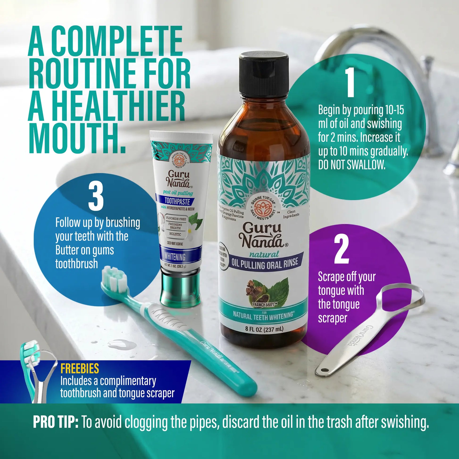 Gurunanda Cocomint Oil Pulling Mouthwash with 7 Essential Oils & 3 Vitamins, Promotes Fresh Breath & Happy Gums, Alcohol-Free, 8 Fl Oz