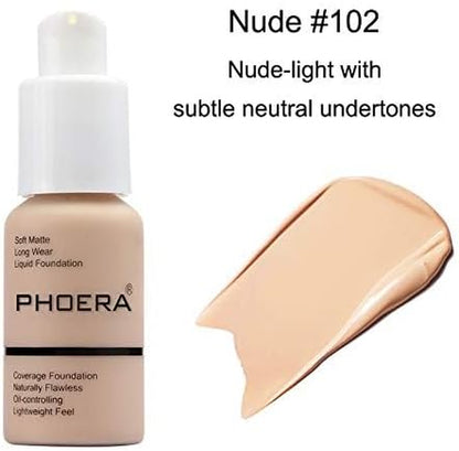 PHOERA Foundation - Flawless Soft Matte Liquid Foundation with 24 HR Oil Control and Concealer, Full Coverage Makeup for a Smooth, Long-Lasting Look, Waterproof 30Ml (102 Nude)