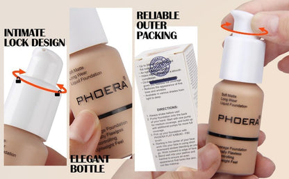 PHOERA Foundation - Flawless Soft Matte Liquid Foundation with 24 HR Oil Control and Concealer, Full Coverage Makeup for a Smooth, Long-Lasting Look, Waterproof 30Ml (102 Nude)
