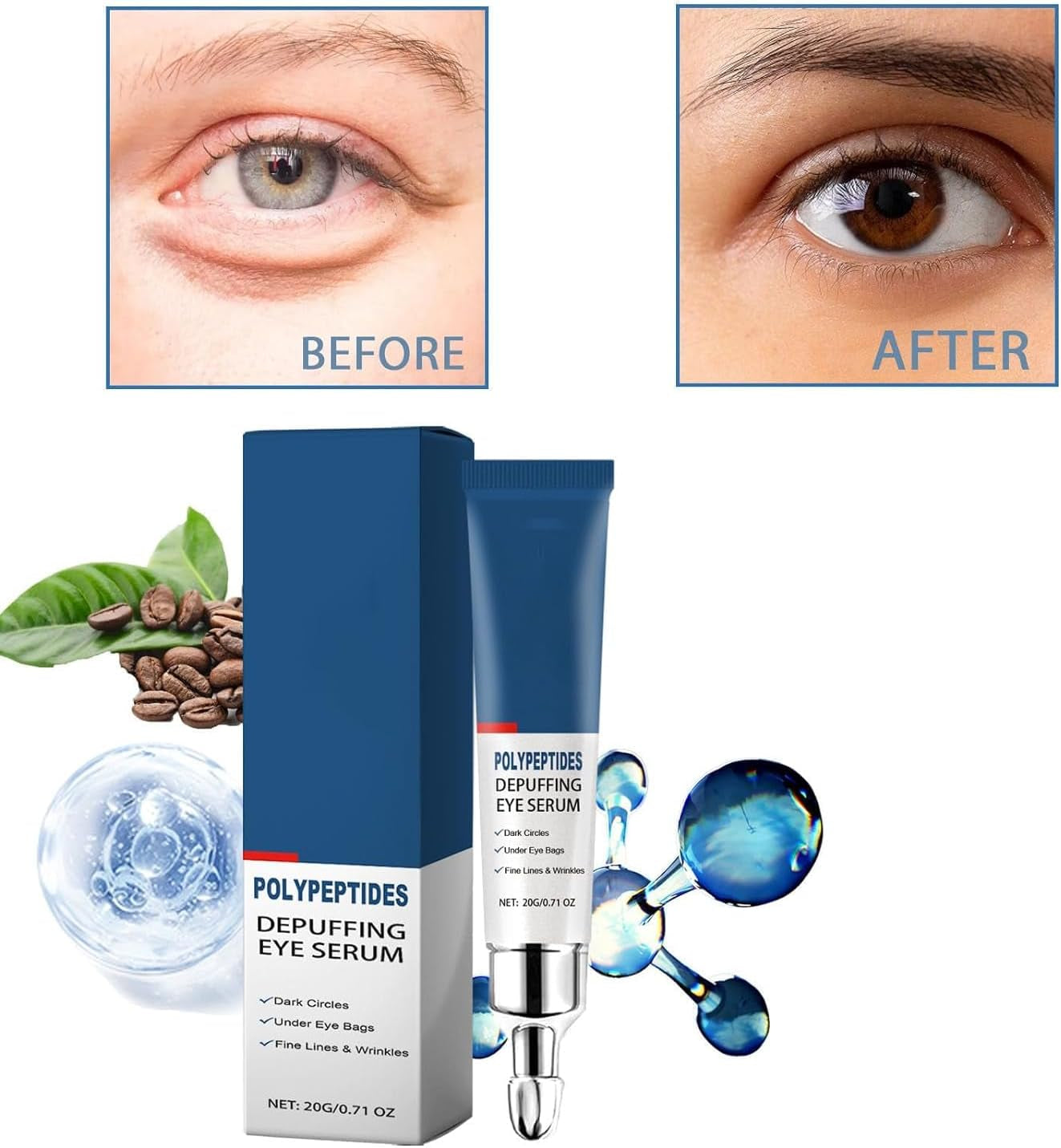 Peptide Depuffing Eye Serum, Awaken Peptide Lifting Eye Gel, Anti-Aging Moisturizing Eye Cream Reduces Puffiness, Remove Eye Bags, Wrinkles, Dark Circles, 20G (1Pcs)