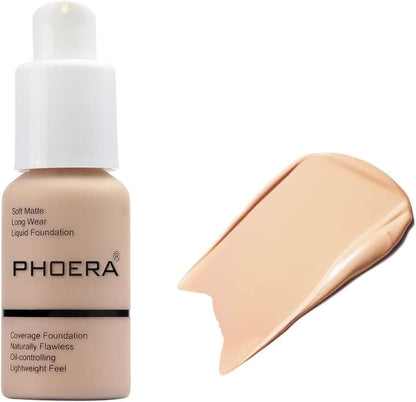 PHOERA Foundation - Flawless Soft Matte Liquid Foundation with 24 HR Oil Control and Concealer, Full Coverage Makeup for a Smooth, Long-Lasting Look, Waterproof 30Ml (102 Nude)