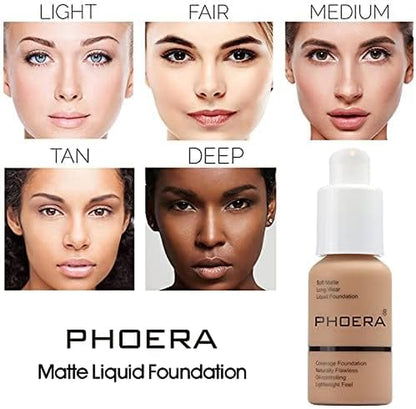 PHOERA Foundation - Flawless Soft Matte Liquid Foundation with 24 HR Oil Control and Concealer, Full Coverage Makeup for a Smooth, Long-Lasting Look, Waterproof 30Ml (102 Nude)